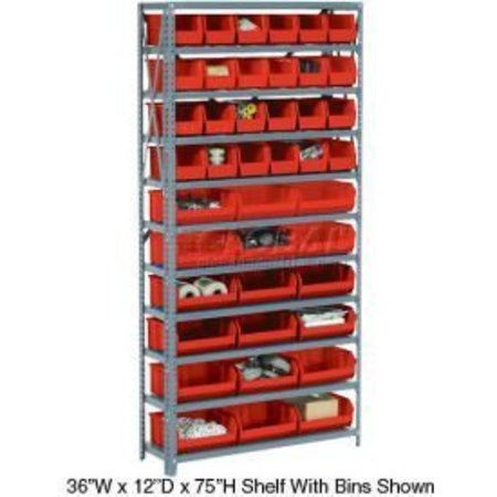 GLOBAL EQUIPMENT Steel Open Shelving - 28 Red 8-1/4x10-3/4x7 Stacking Bins 8 Shelves 36x12x73 506204RD